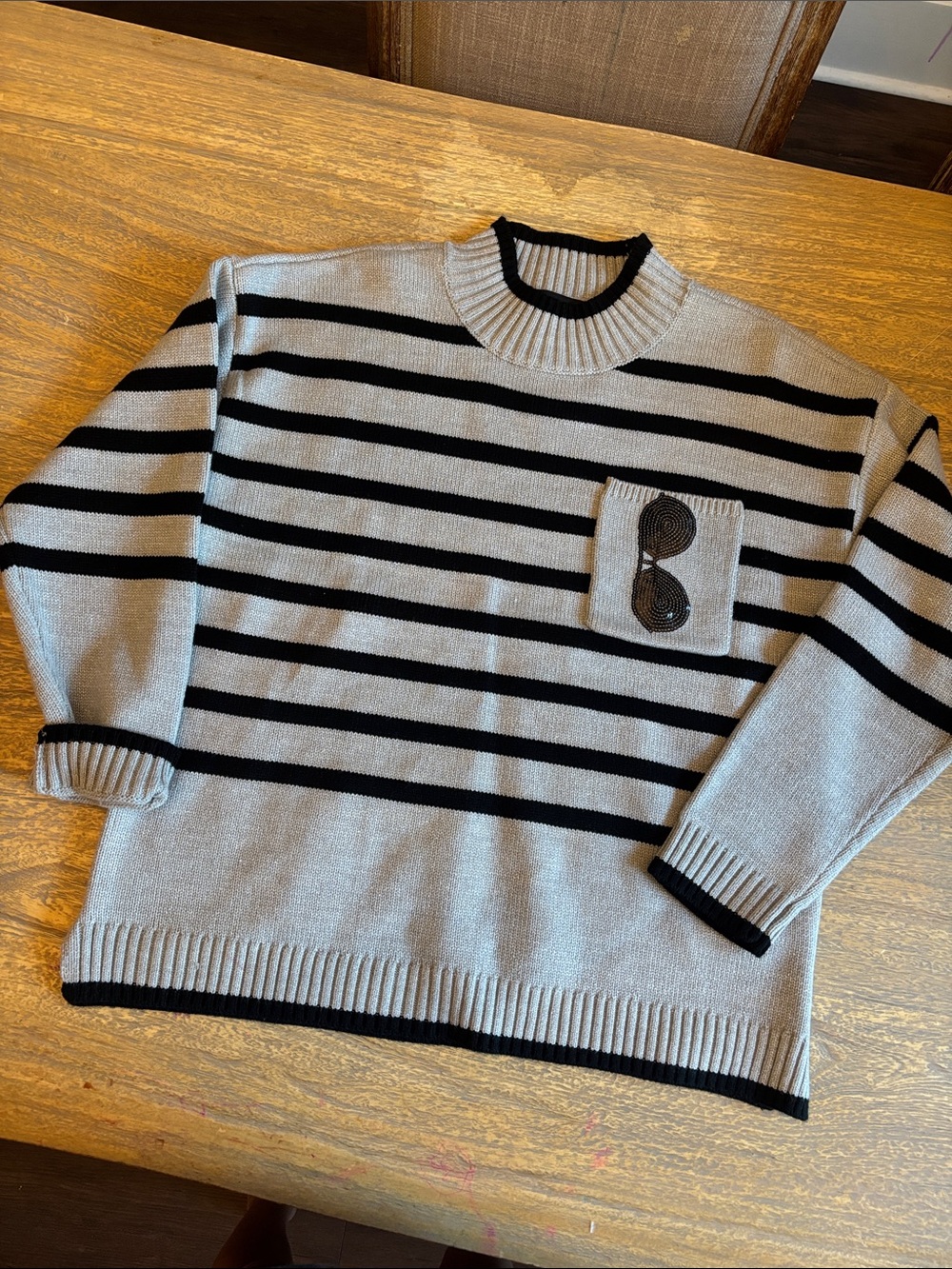 NWOT Karl Lagerfeld Light Gray and Black Striped Crewneck Sweater